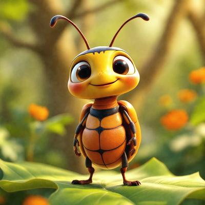 The primary subject of the image is a small, colorful, and cute cartoon beetle. The beetle is standing on a leaf, which serves as the setting or background of the image. The visual style of the image is a digital art or illustration, with the beetle being the main focus of the scene. The colors and mood of the image are vibrant and cheerful, with the beetle's bright colors and the leaf's natural green hue creating a lively and pleasant
